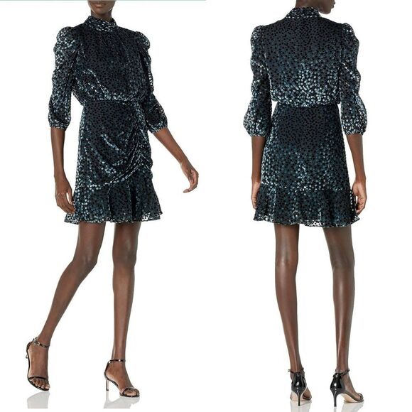 NWT Shoshanna Cassia Dot Velvet Burnout Long Sleeve Mini Dress in Jet/Olive Sz 4 - Picture 1 of 16